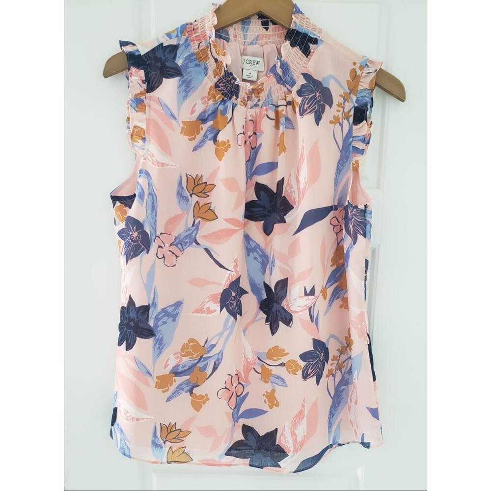 J.Crew Pink Floral Smocked Mock Neck Ruffle Sleeveless Tank Blouse Top Size 4